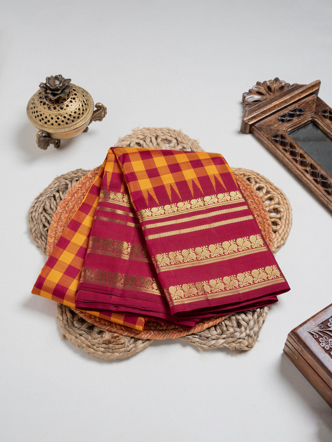 Mustard & Maroon Kanchivaram Silk Saree