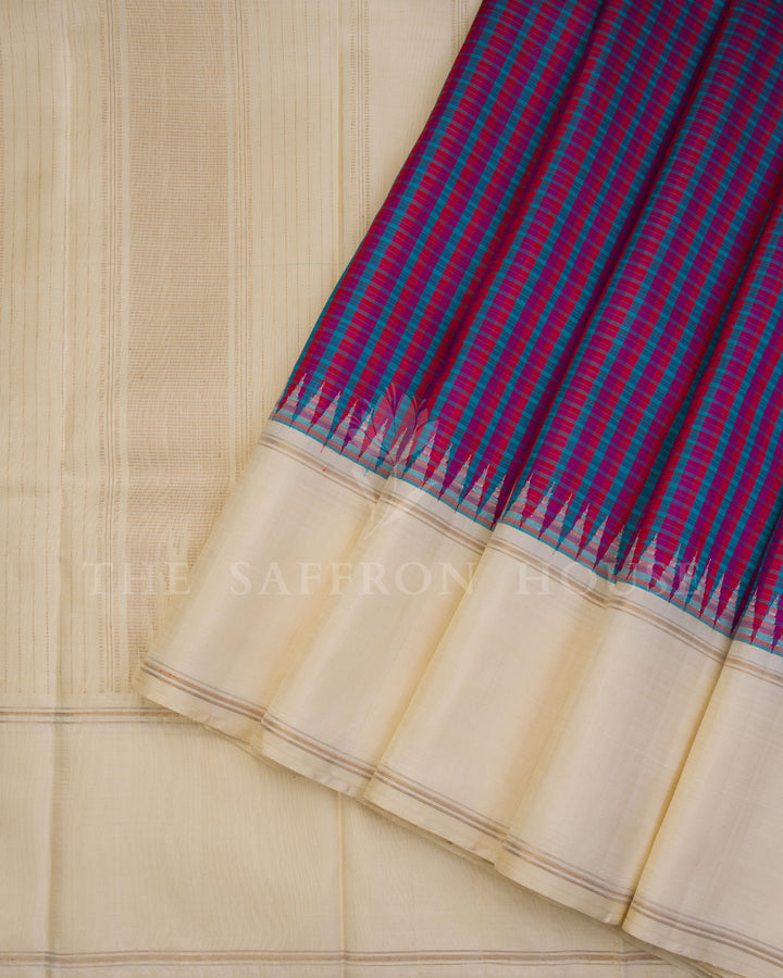Handloom Kanjivaram Silk Saree in Dual Tone Teal Blue And Rani Pink and Off White - TSH250068