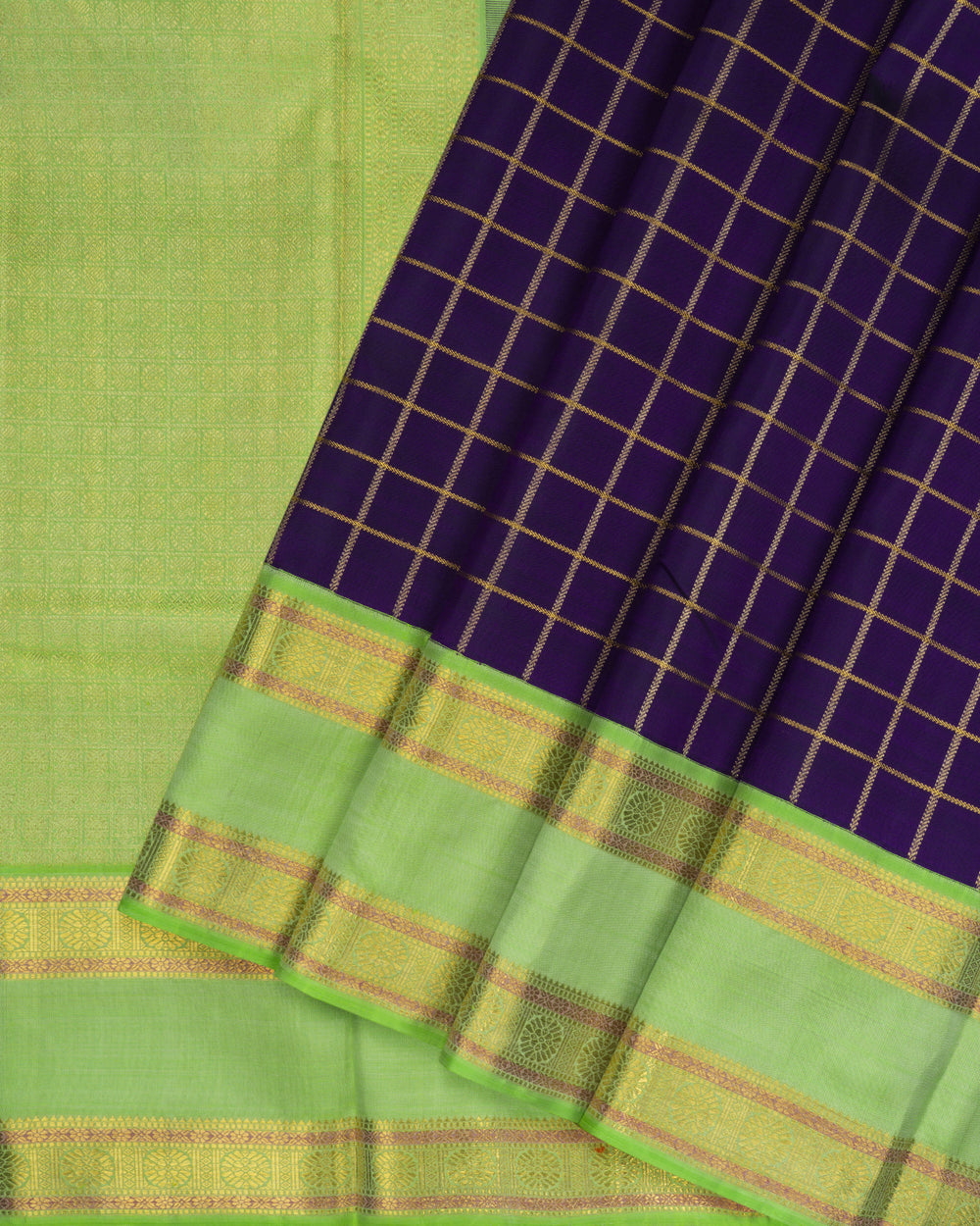 Indigo Blue And Light Parrot Green Handwoven Kanjivaram Silk Saree - TSH2506064-view2