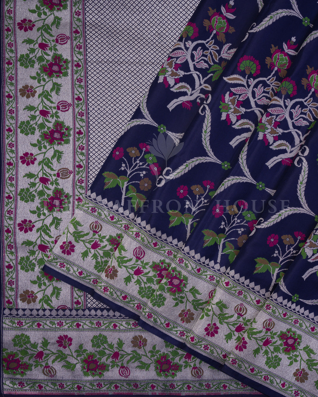 Midnight Navy Katan Banarasi Saree with Resham Floral Jaal and Silver Zari Border