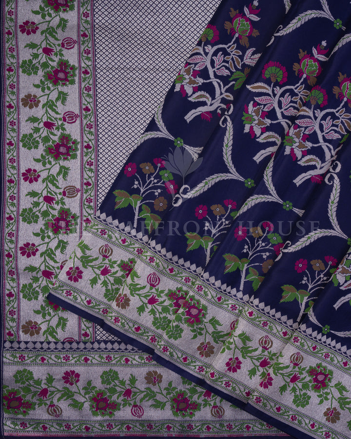 Midnight Navy Katan Banarasi Saree with Resham Floral Jaal and Silver Zari Border
