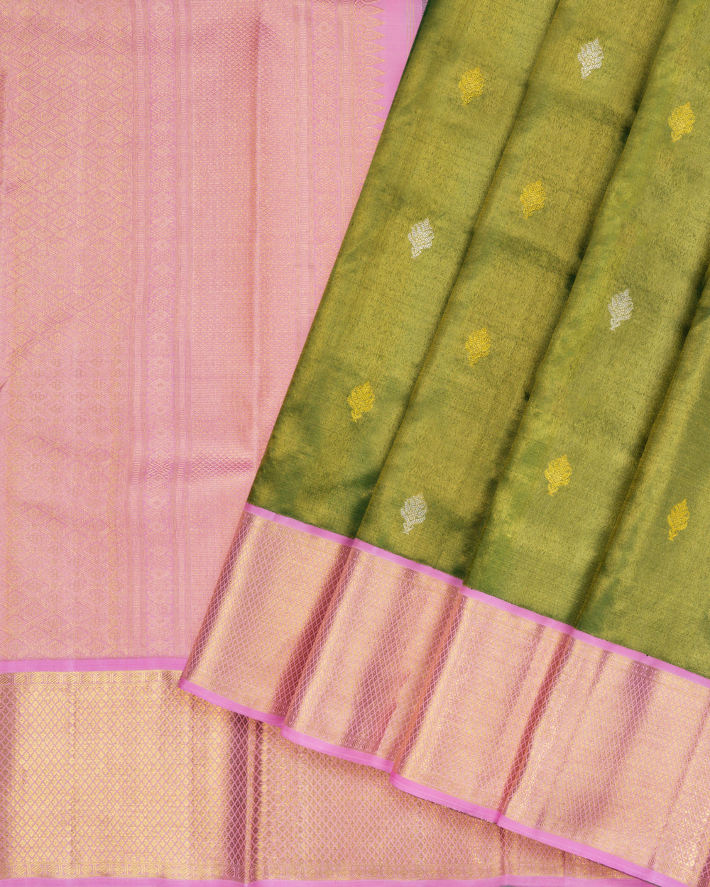 Green And Light Pink Handwoven Kanjivaram Silk Saree - TSH2506111-view2