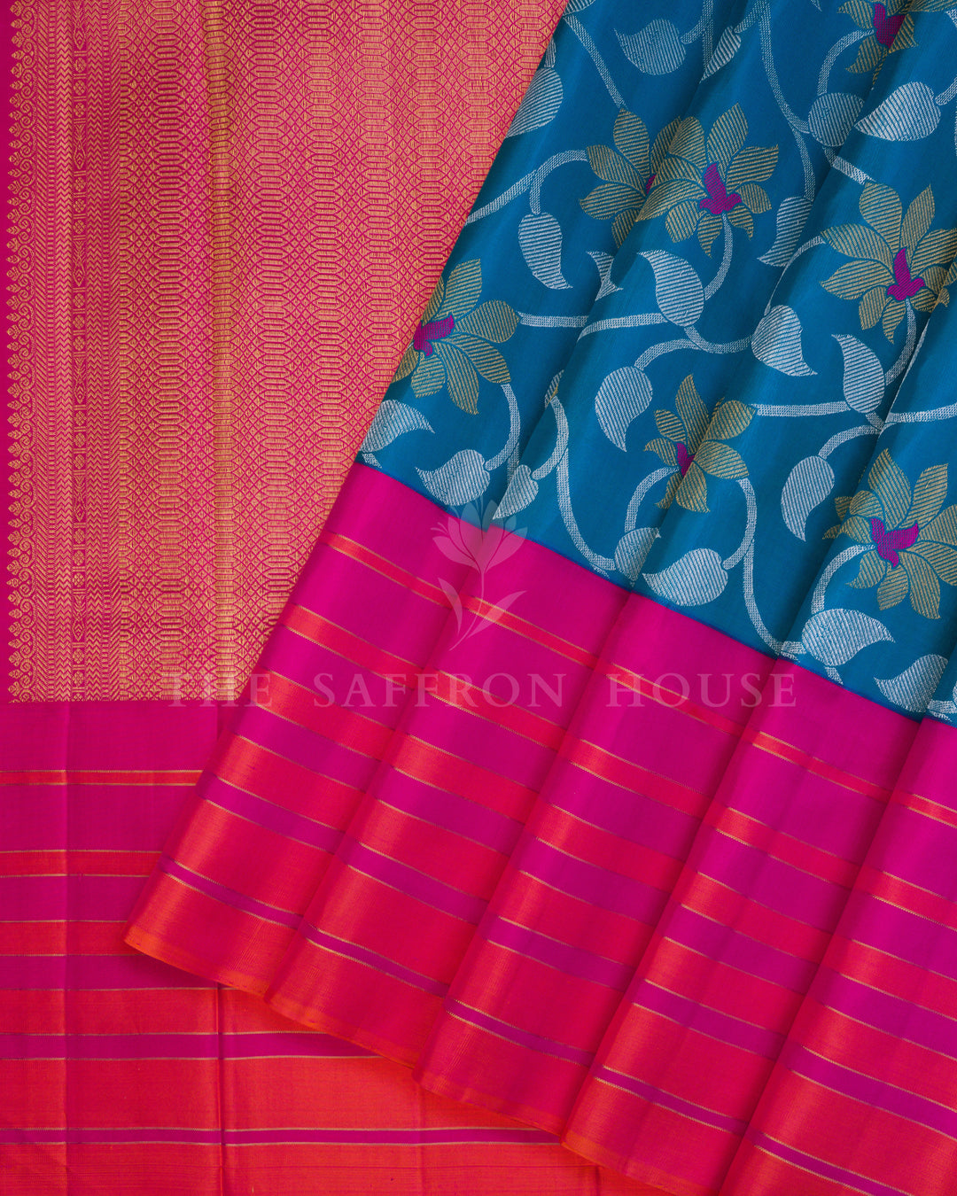 Handloom Kanjivaram Silk Saree in Peacock Blue And Bright Rani Pink - TSH250050