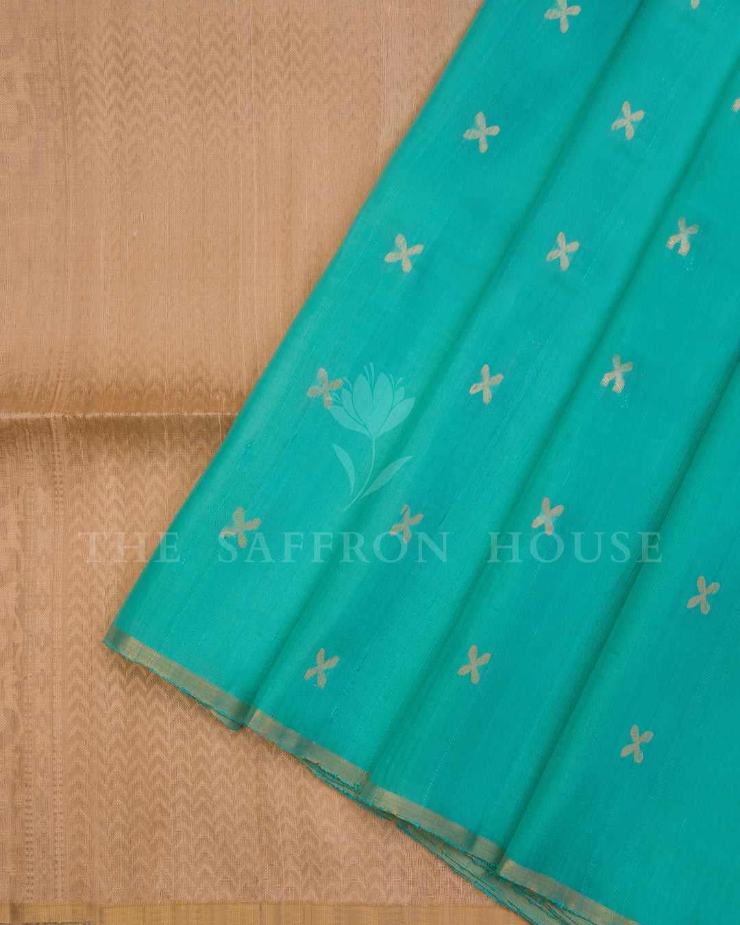Handloom Tussar Silk Saree in Turquoise Blue And Beige - TSH6060