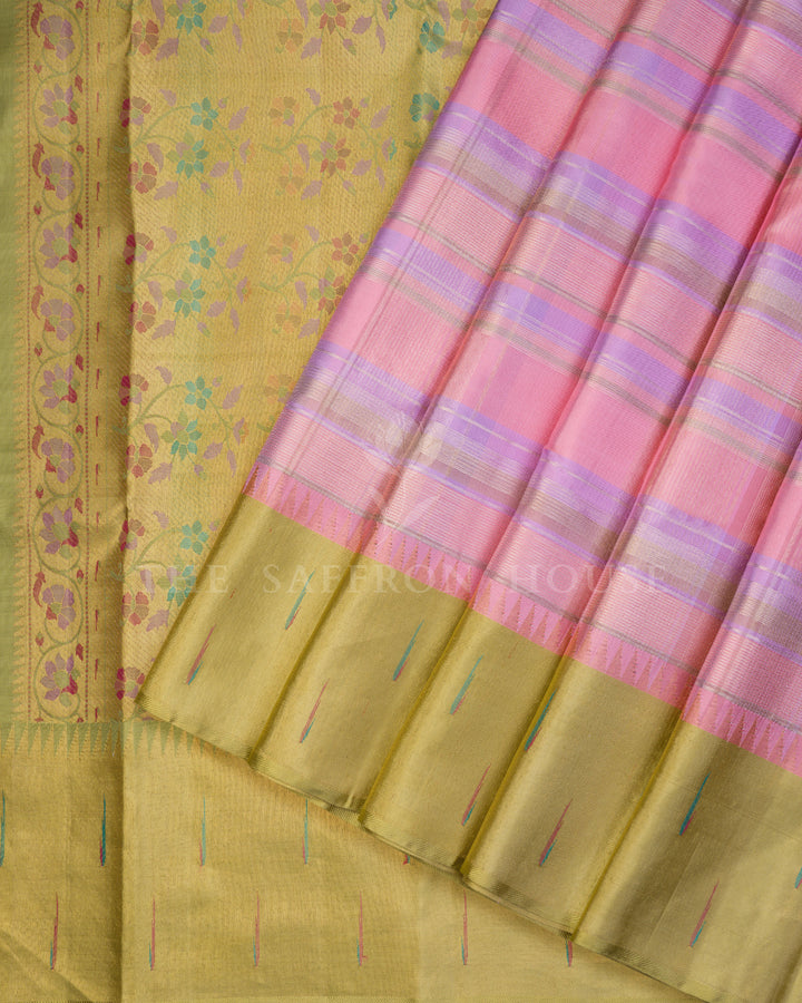 Handloom Kanjivaram Silk Saree in Blush Pink, Soft Lavender And Olive Green - TSH250100
