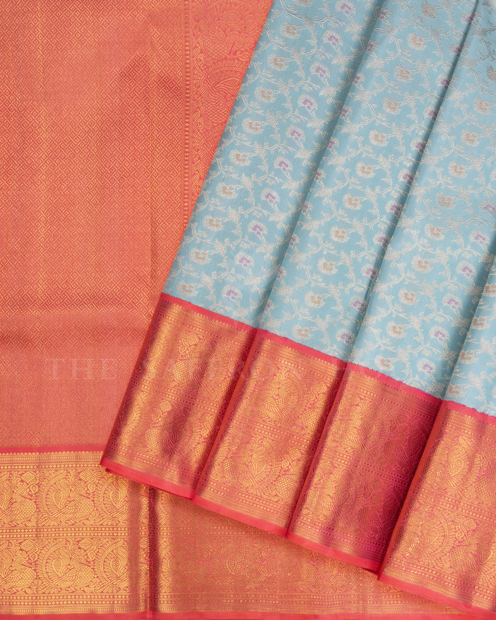 Sky Blue And Orangish Pink Handwoven Kanjivaram Silk Saree - TSH2506033-View2