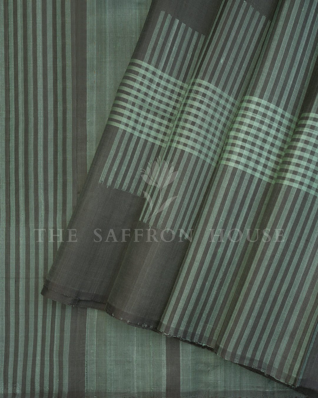 Handloom Soft Silk Saree in Charcoal Black And Sea Green - TSH6049