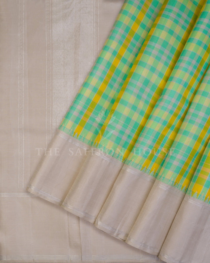 Handloom Kattam  Kanjivaram Silk Saree in Mint Green, Lemon Yellow And Greige - TSH6067