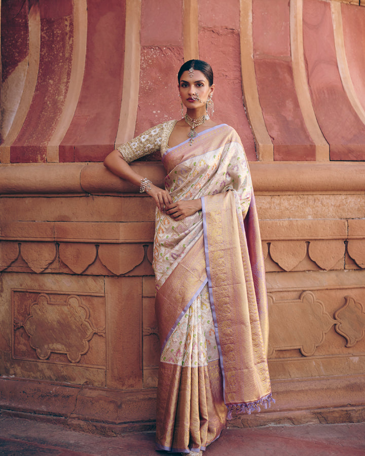 Ivory Pure Kanjivaram Silk Saree with Multicolour Meenakari Buttas