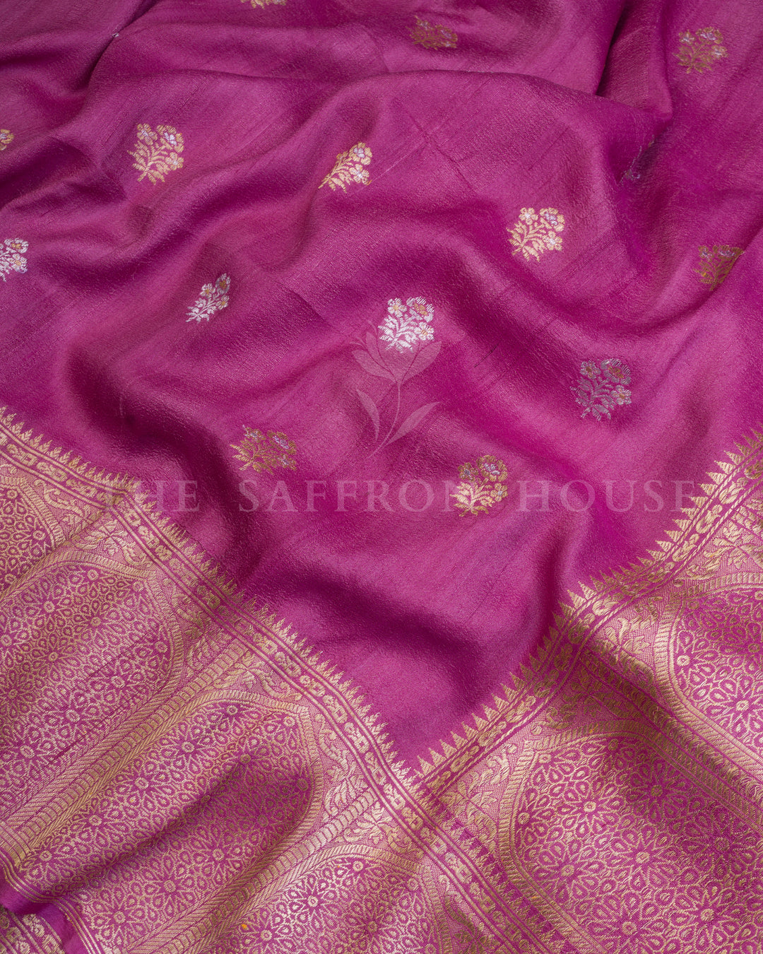 Magenta Banarasi Tussar Georgette Saree with Floral Jaal & Minar Border – Handwoven Zari Elegance