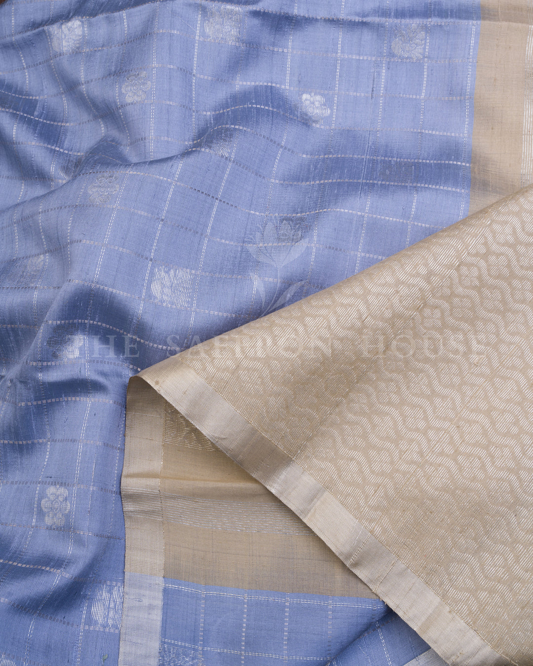 Powder Blue Tussar Soft Silk Saree with Zari Checks & Gold Border - TSH6061