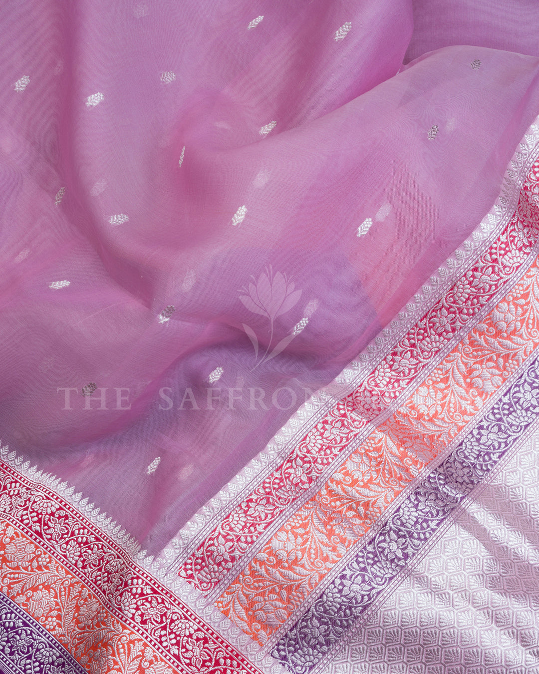 Kora Banaras Saree in Lilac with Multicolor Zari Floral Border & Meena Pallu - TSH250511