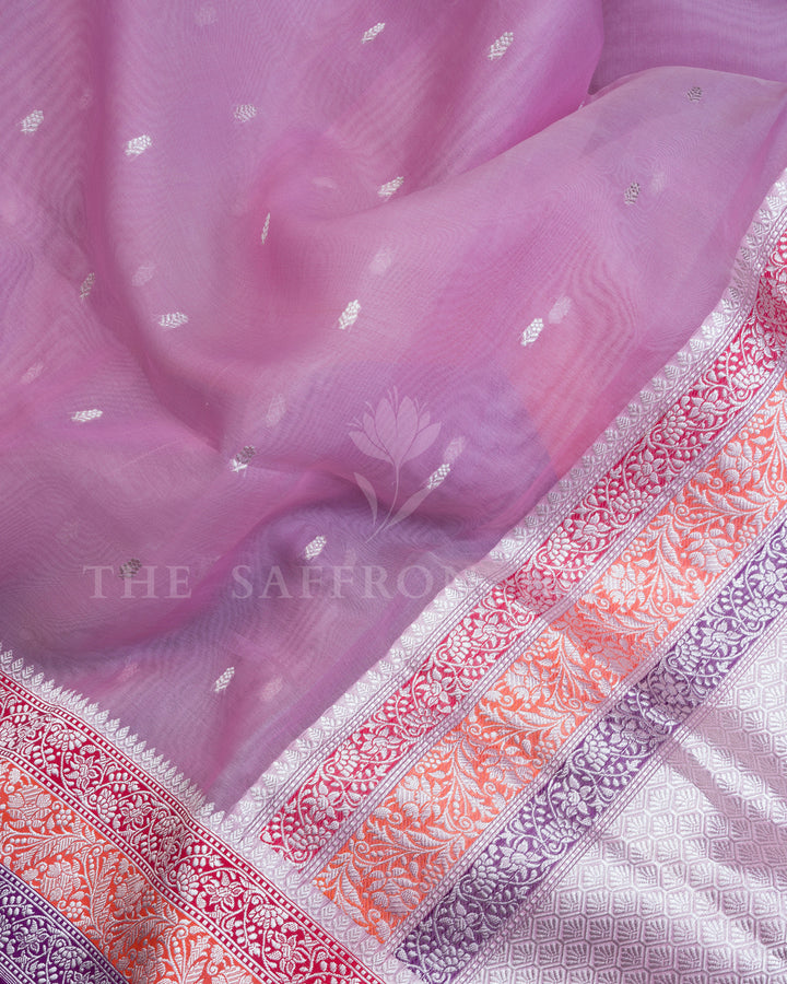 Kora Banaras Saree in Lilac with Multicolor Zari Floral Border & Meena Pallu - TSH250511