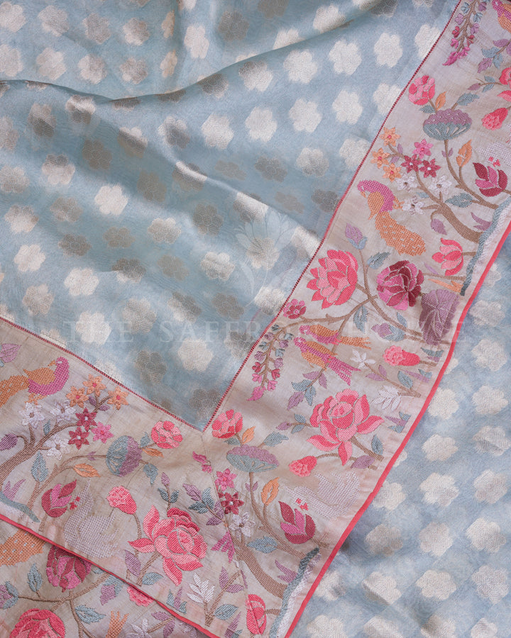 Pastel Blue Banarasi Saree with Floral Zari Butis and Fine Embroidered Border - TSH00017