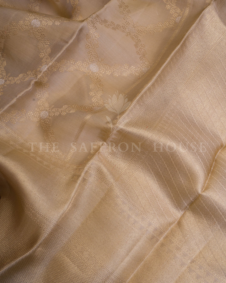 Pastel Gold Pure Zari Kora Kanchipuram Saree with Chevron Border & Floral Jaal - TSH250017