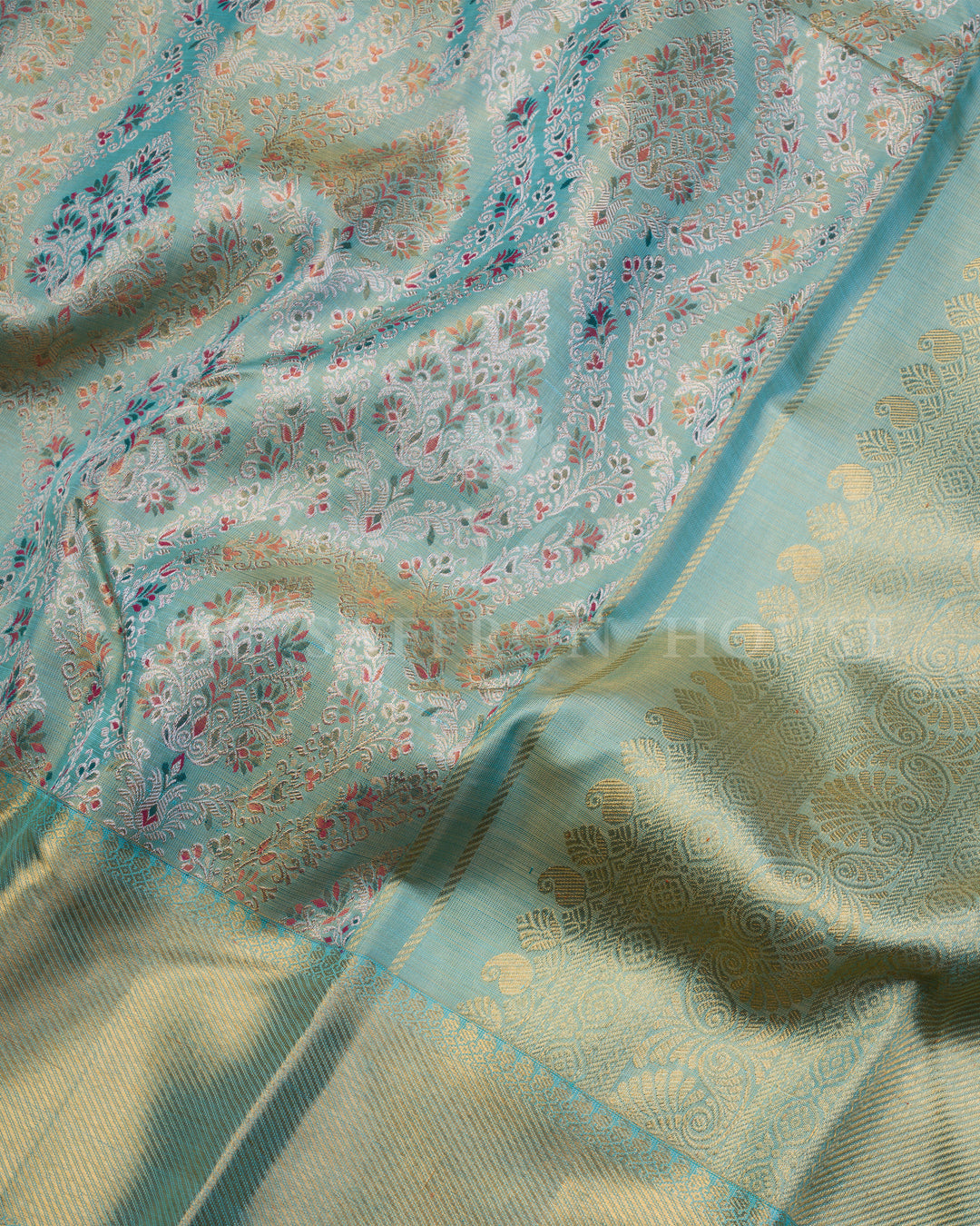 Sea Blue Green Handwoven Kanjivaram Silk with Meenakari Work - TSH250241