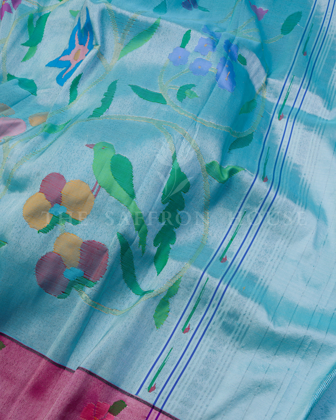 Sky Blue Pure Handloom Paithani Saree with Allover Floral & Hansa Motifs