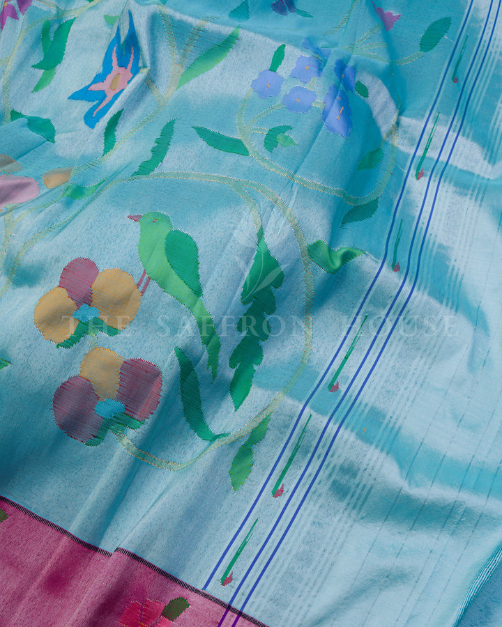 Sky Blue Pure Handloom Paithani Saree with Allover Floral & Hansa Motifs