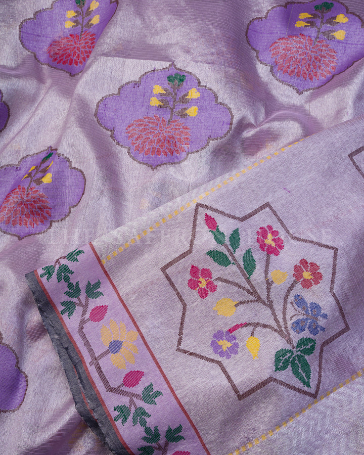 Pure Zari Kora Saree in Lilac with Resham Woven Floral Medallions