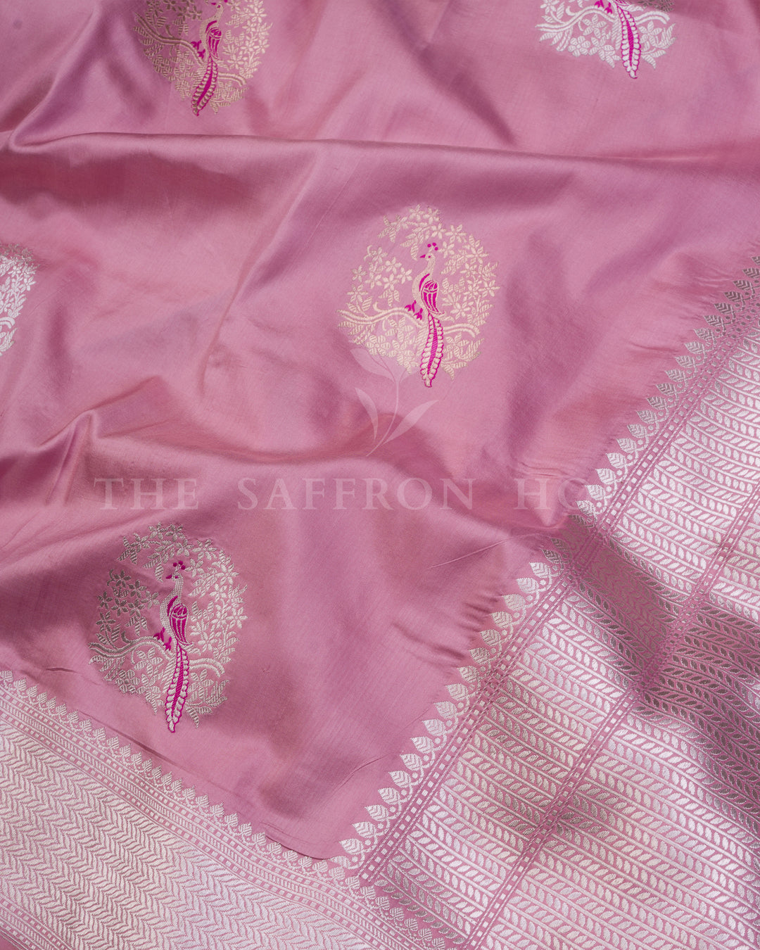 Katan Meenakari Banarasi Saree in Dusty Rose with Handwoven Mayur Jaal