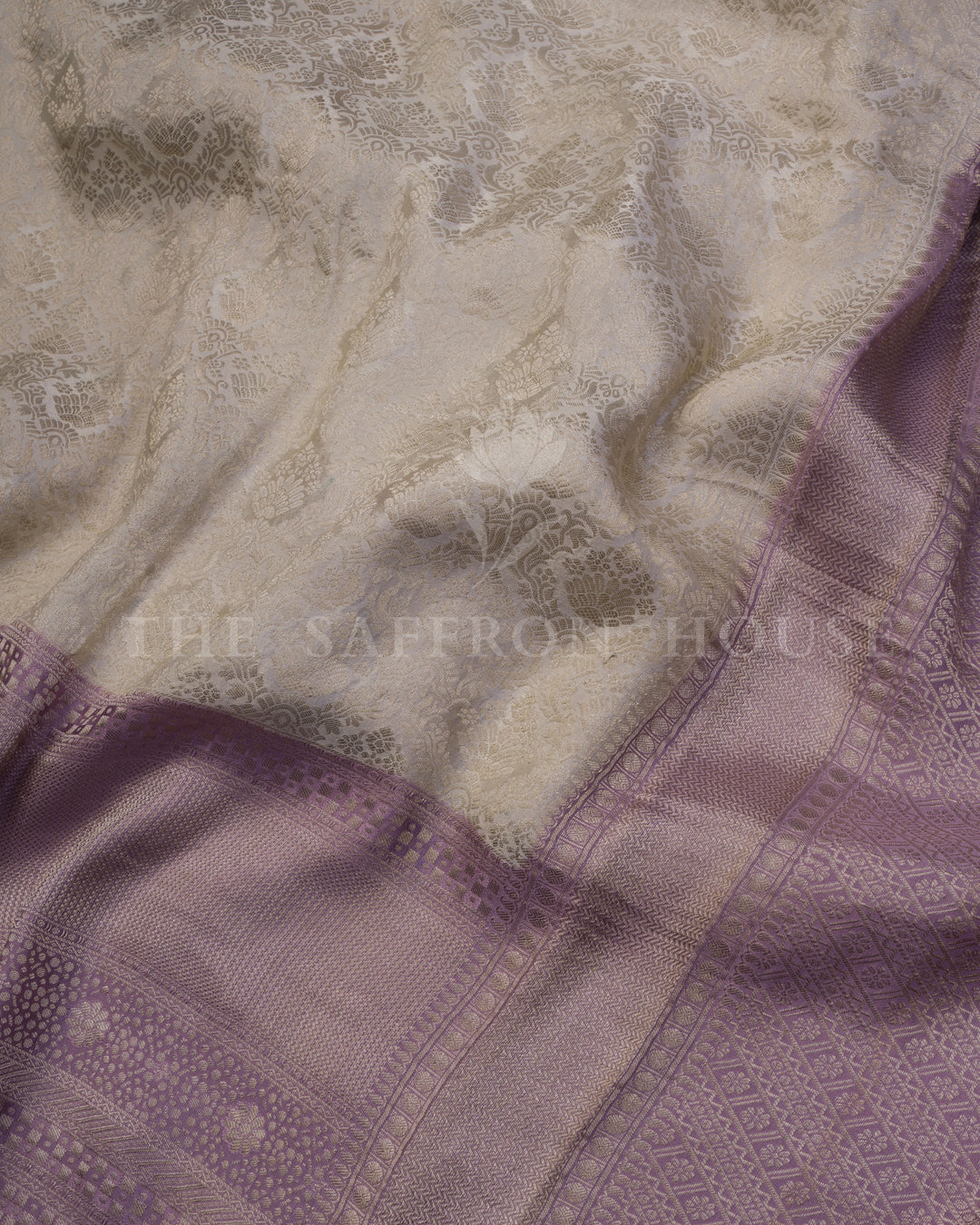 Banarasi Brocade Georgette Saree in Ivory and Lavender with Floral Jaal