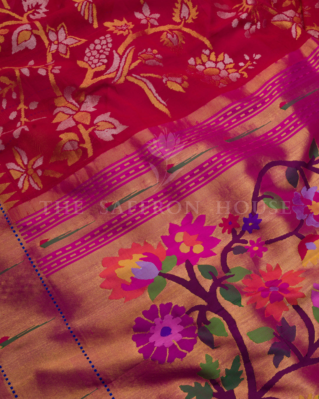 Crimson Uppada Jamdani Saree with Paithani Muniya Border and Floral Vine Pallu