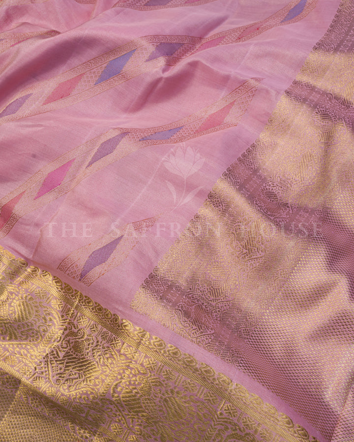 Blush Pink Tissue-Infused Kanchipuram Silk Saree with Mayil Motif Border