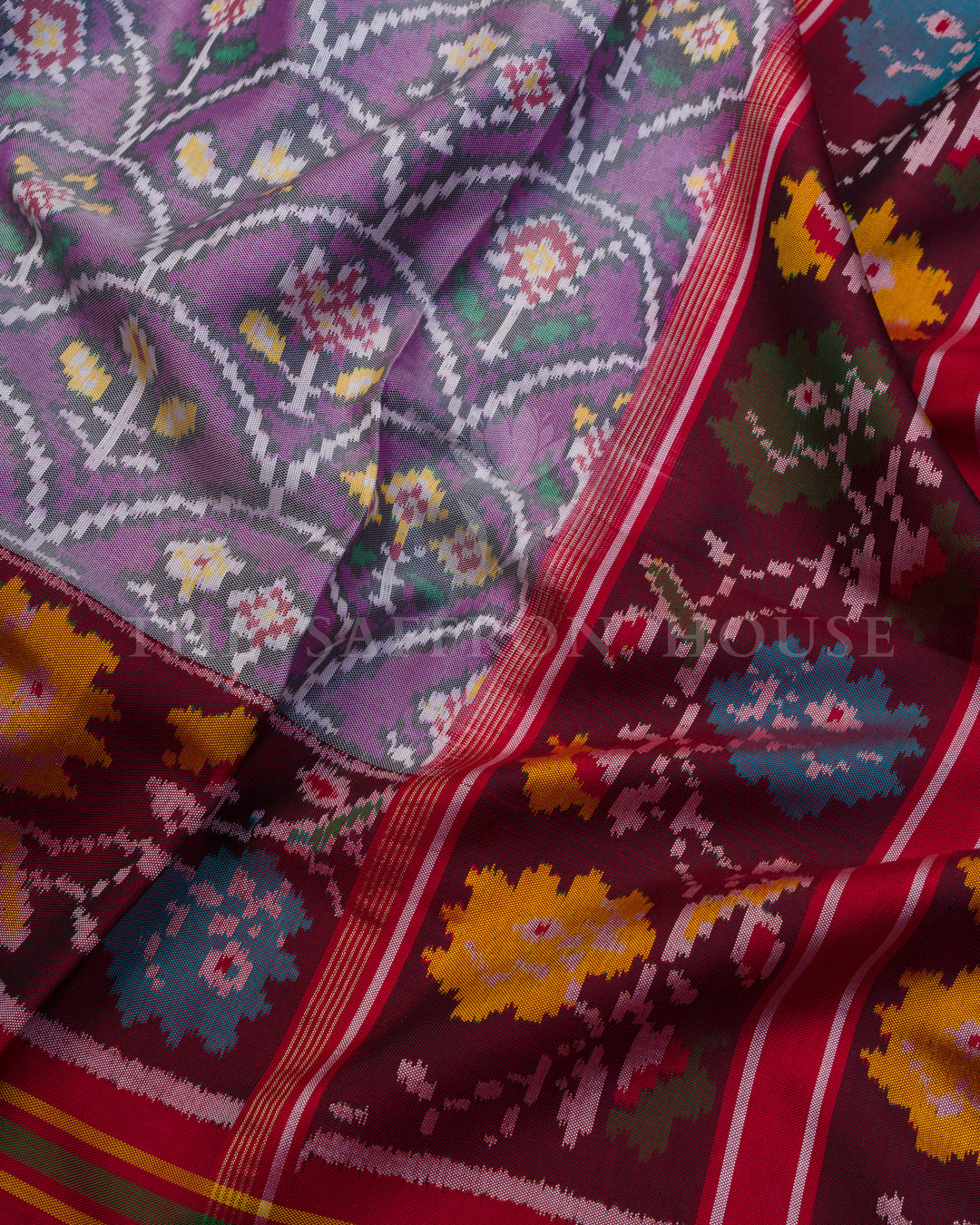 Violet Rajkot Single Ikat Patola Saree with Floral Kunjar Bhat & Nari Borders - TSH6010