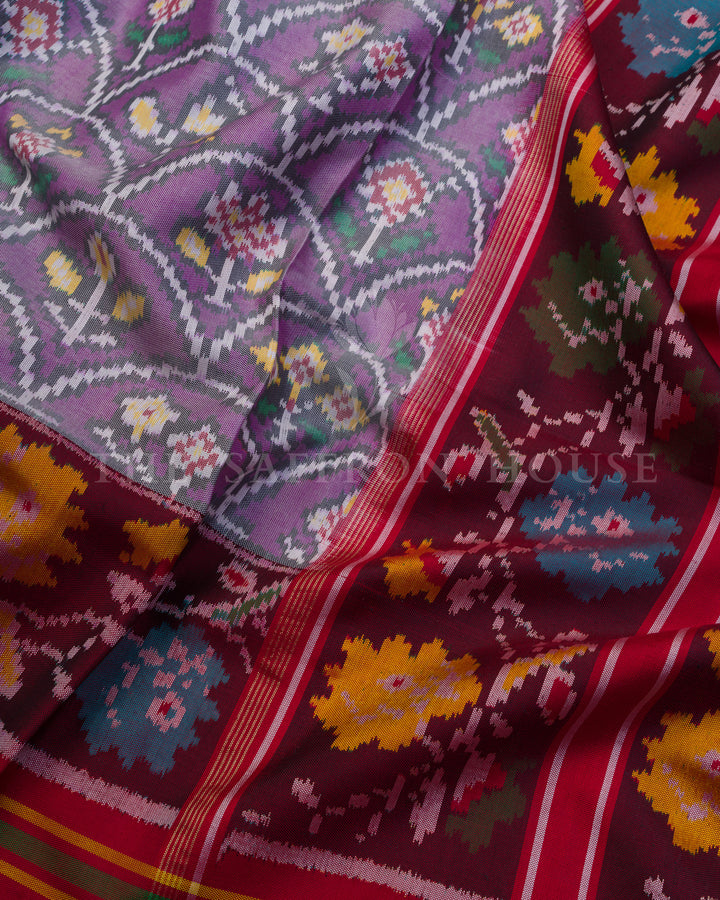 Violet Rajkot Single Ikat Patola Saree with Floral Kunjar Bhat & Nari Borders - TSH6010