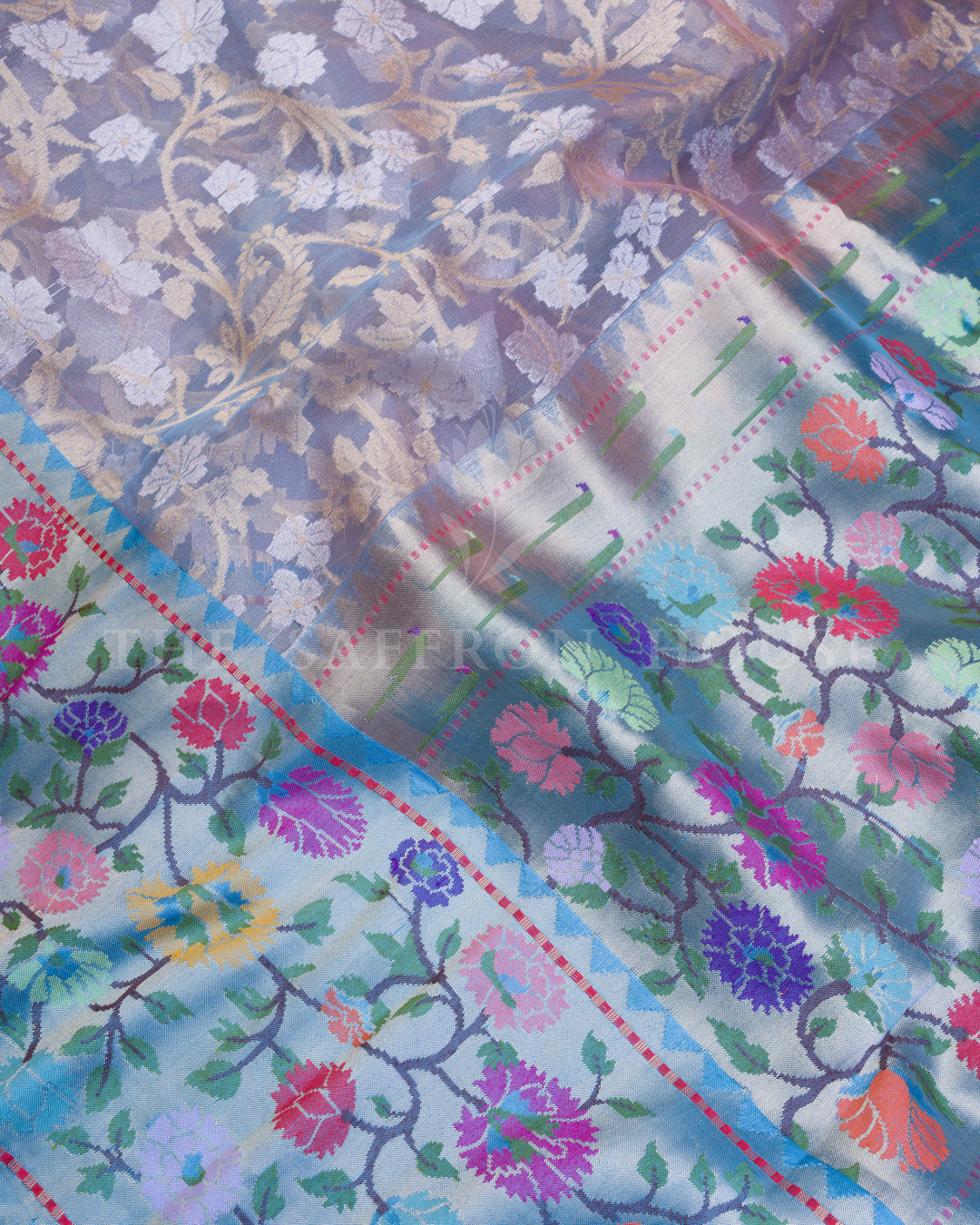 Steel Blue Kora Banarasi Saree with Meenakari Floral Jaal & Paithani-Inspired Border – Handwoven Elegance