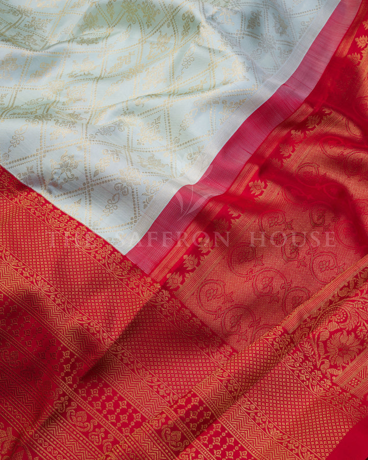 Mint Blue And Maroonish Red Handwoven Kanjivaram Silk Saree - TSH250084
