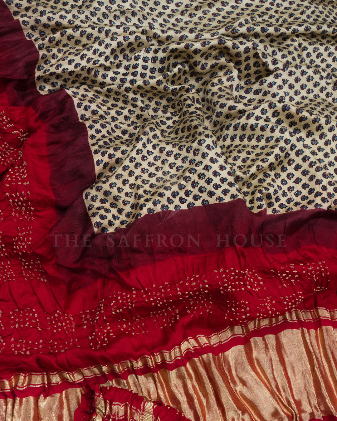 Light Beige And Maroonish Red Bandhini Modal Silk Saree - TSH5029