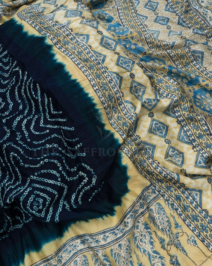 Navy Blue And Light Golden Yellow Bandhini Modal Silk Saree - TSH5070