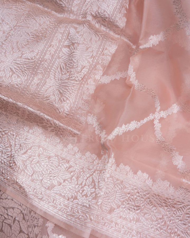 Pastel Powder Pink Handwoven Organza Banarasi Saree - TSH110072