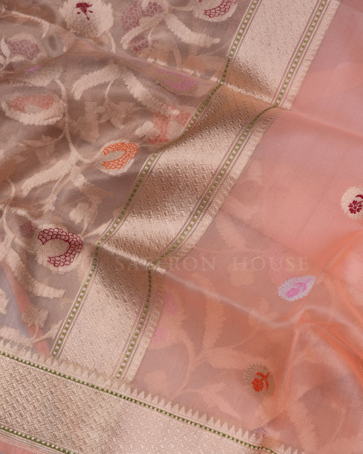 Peach And Gold Handwoven Organza Banarasi Saree - TSH2506168