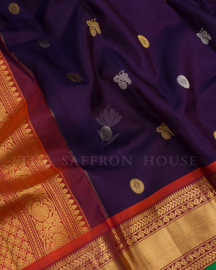 Purplish Blue And Rust Orange Handwoven Kanjivaram Silk Saree - TSH2506001