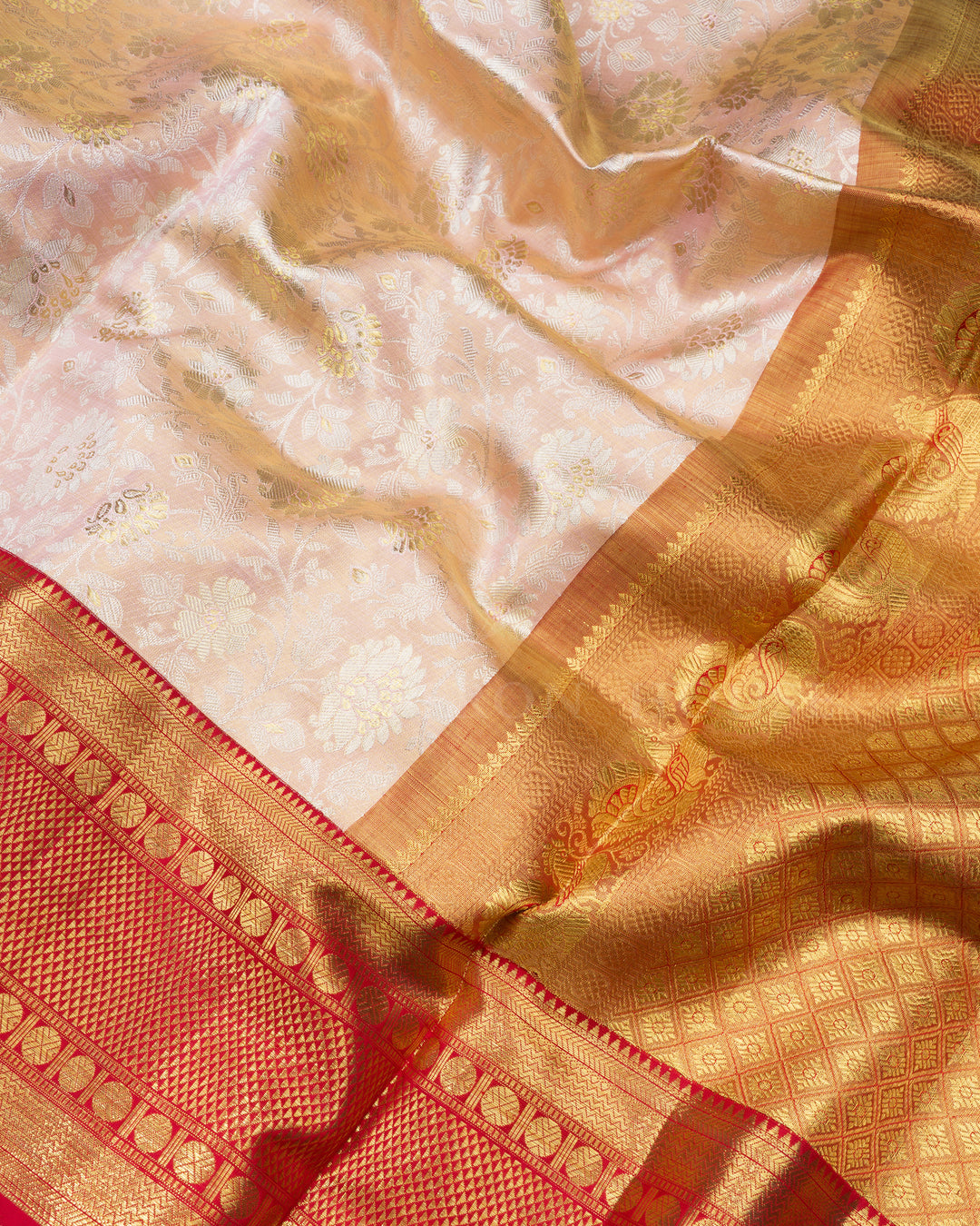 Soft Peach Pink And Red Handwoven Kanjivaram Silk Saree - TSH2506049