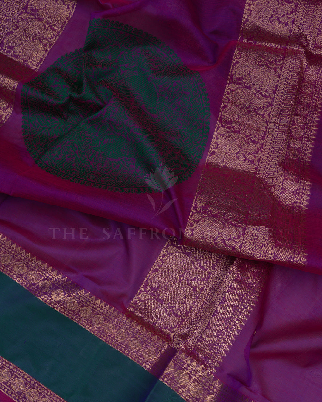 Magenta Purple And Peacock Green Cotton Silk Saree - TSH110021