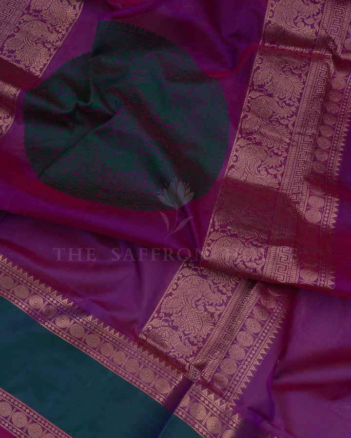 Magenta Purple And Peacock Green Cotton Silk Saree - TSH110021