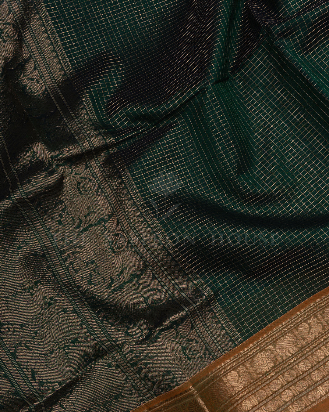 Dark Bottle Green And Mustard Yellow Cotton Silk Saree - TSH110043