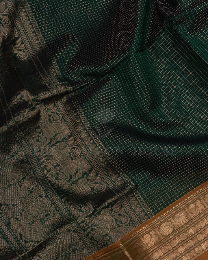 Dark Bottle Green And Mustard Yellow Cotton Silk Saree - TSH110043