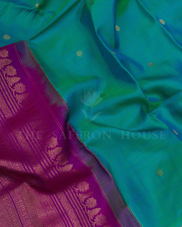 Peacock Blue And Magenta Pink Handwoven Kanjivaram Silk Saree - TSH000008