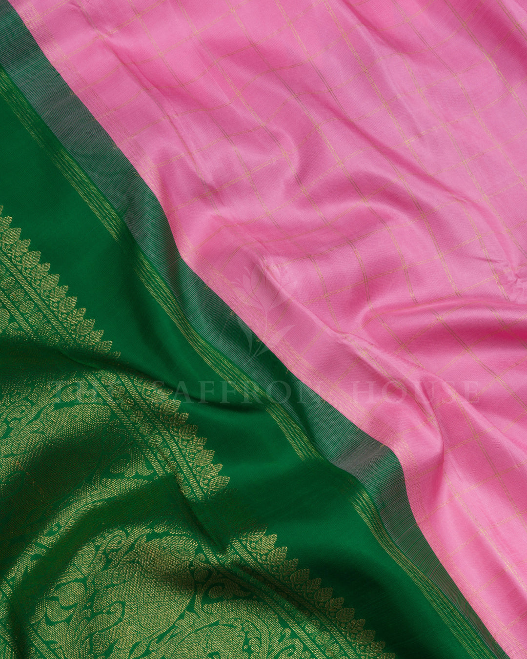 Baby Pink And Bottle Green Handwoven Kanjivaram Silk Saree - TSH000007