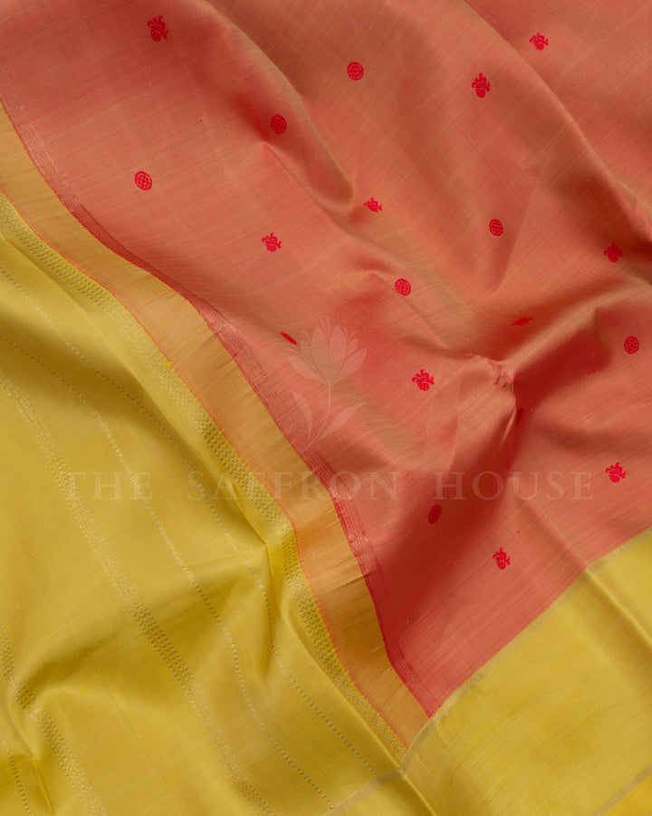 Peach Orange And Light Yellow Handwoven Kanjivaram Silk Saree - TSH250120