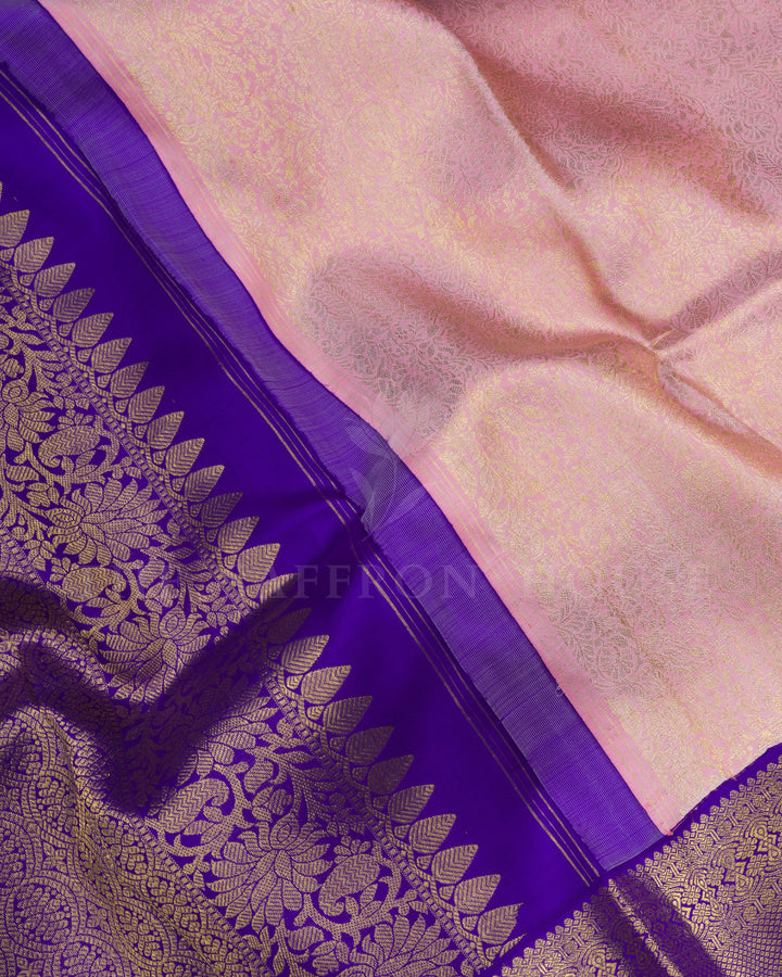 Pastel Pink And Dark Violet Handwoven Kanjivaram Silk Saree - TSH124