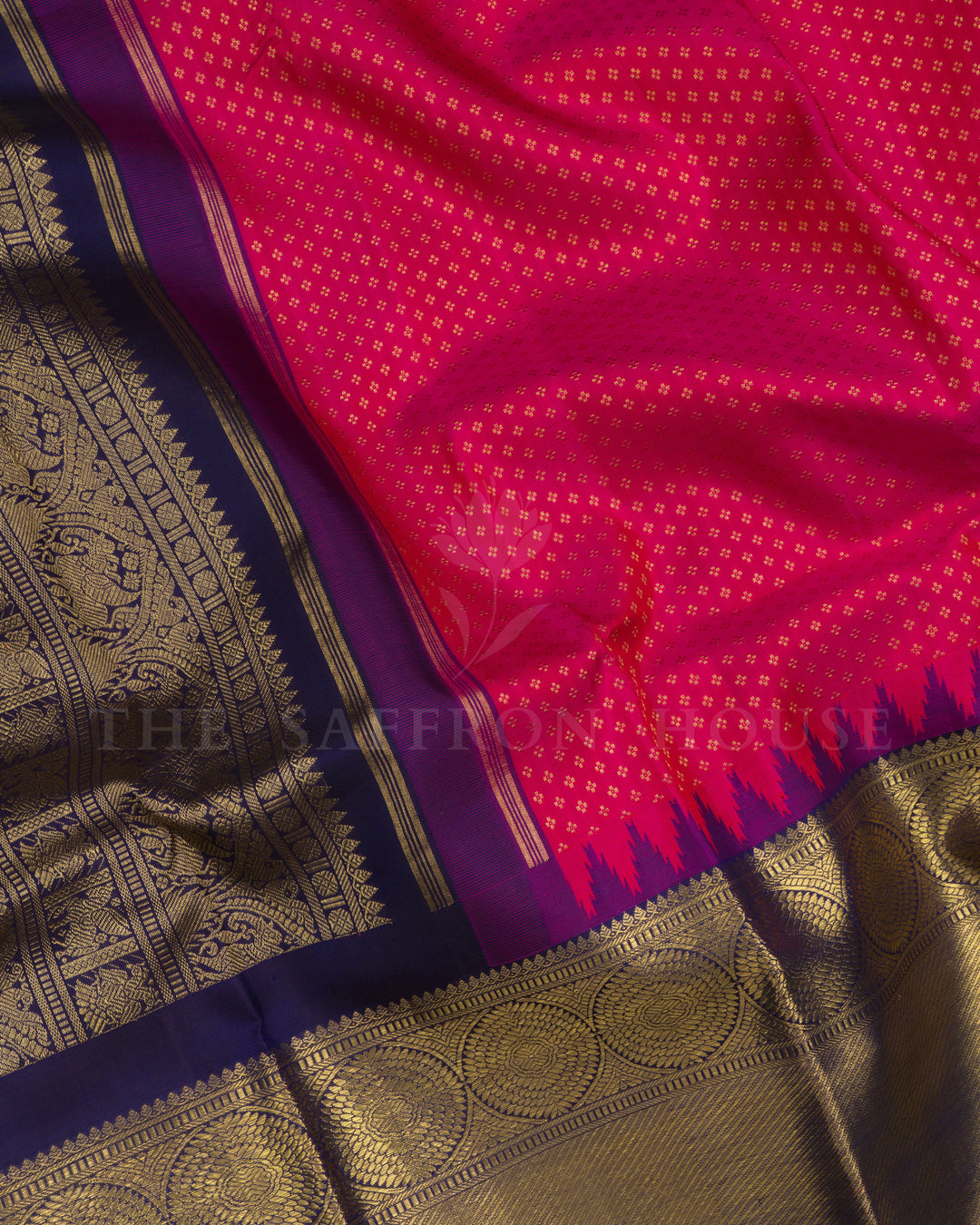 Dark Pink And Navy Blue Handwoven Kanjivaram Silk Saree - TSH5040
