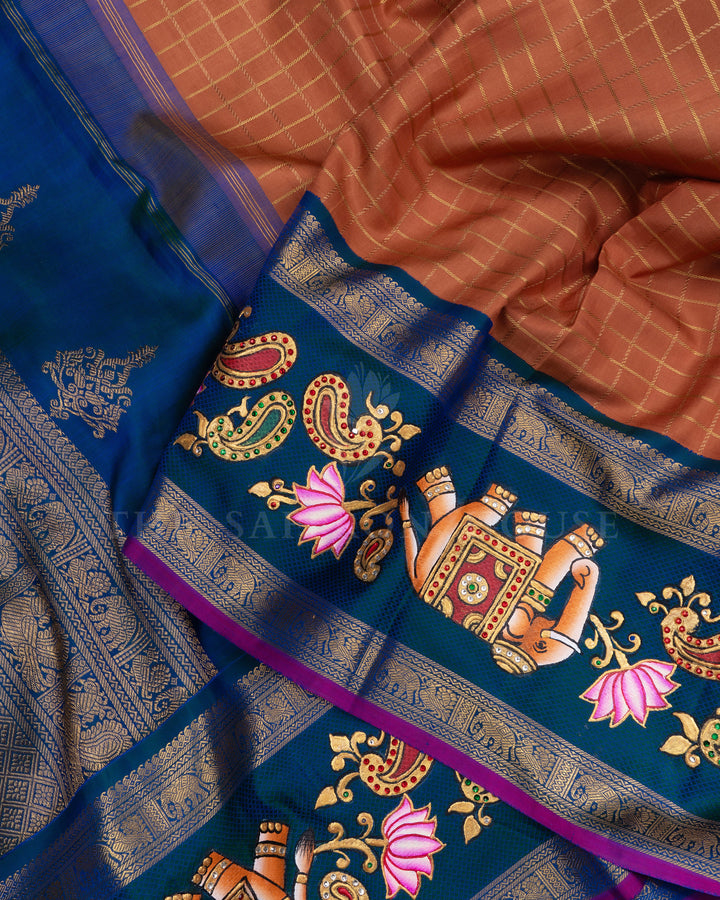 Rust Brown And Peacock Blue Tanjore Hand-Painted Kanjivaram Silk Saree - TSH2506151