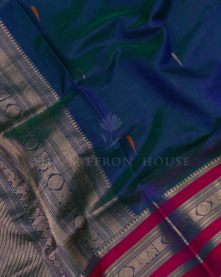 Peacock Blue And Magenta Pink Cotton Silk Saree - TSH110042