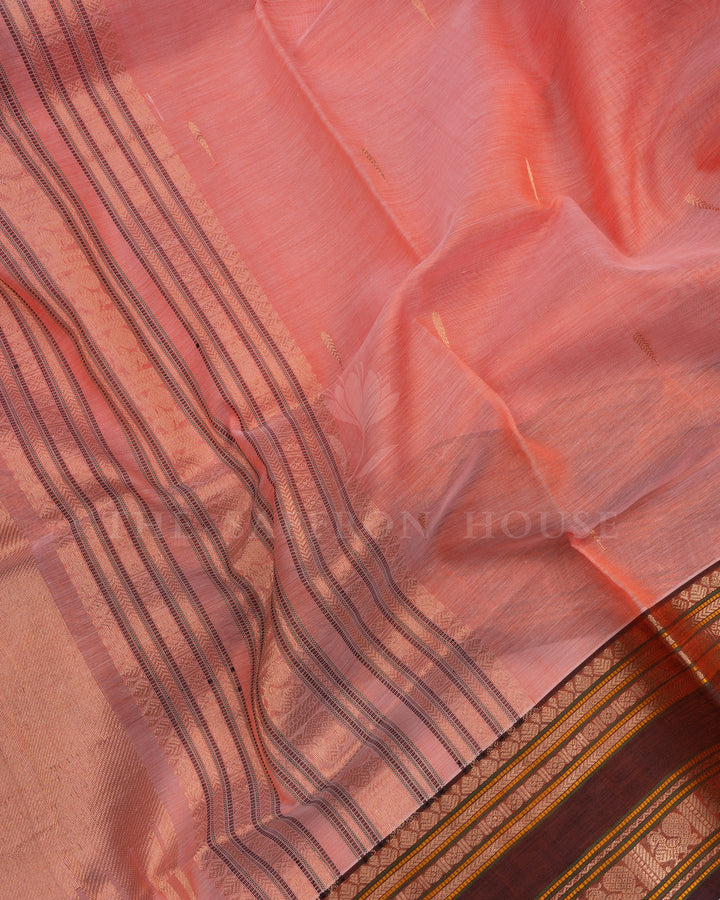 Peach Coral And Chocolate Brown Cotton Silk Saree - TSH110019