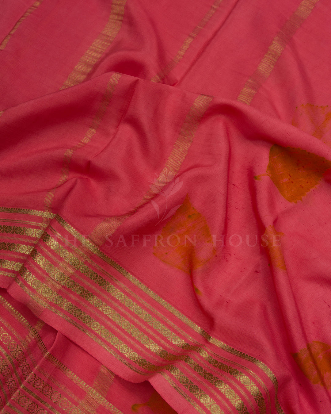 Coral Pink Eco-Printed Mysore Silk Saree - TSH2506095